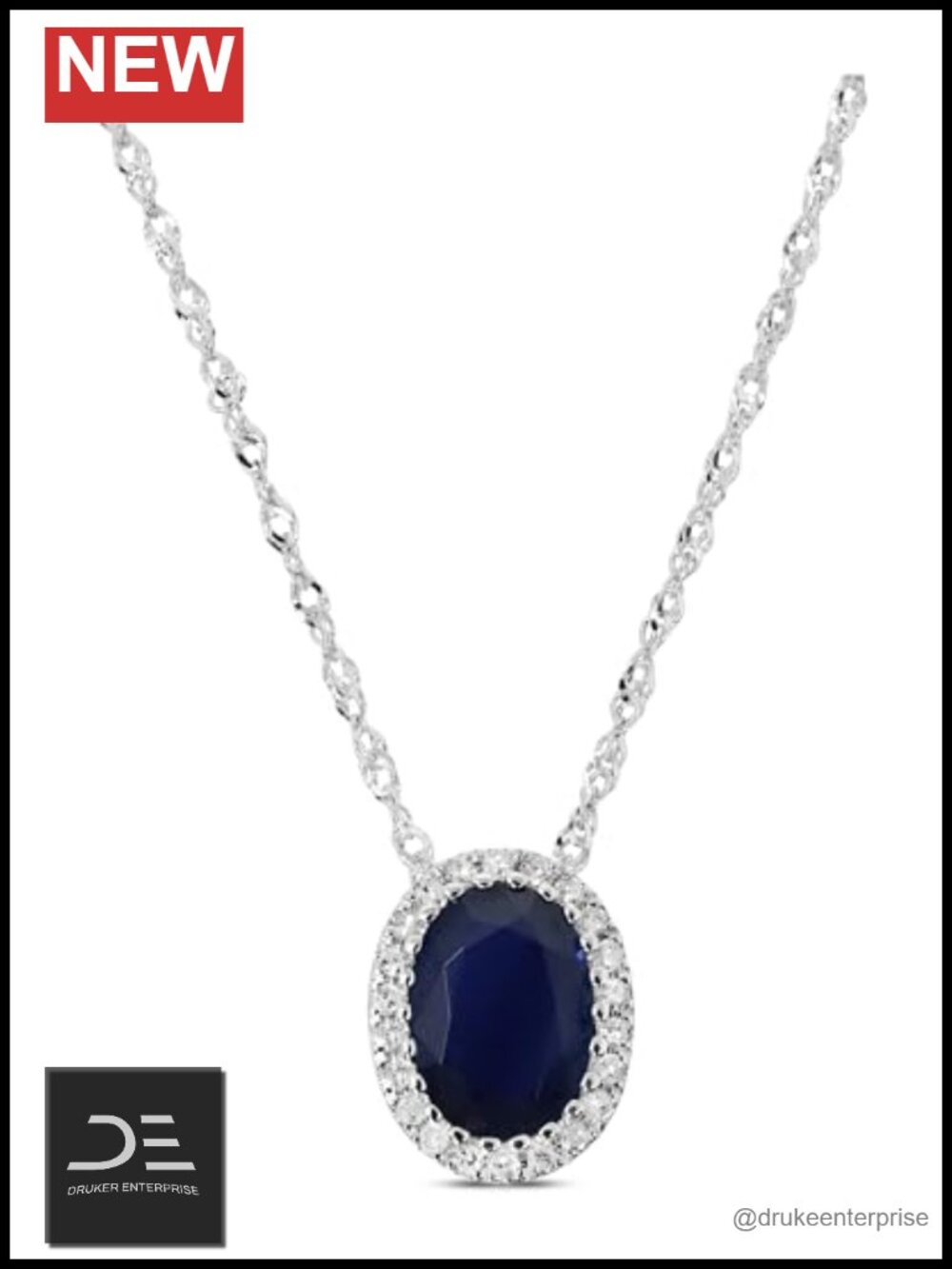 14K Solid White Gold Sapphire Diamond Halo Pendant Necklace 1Ct Oval